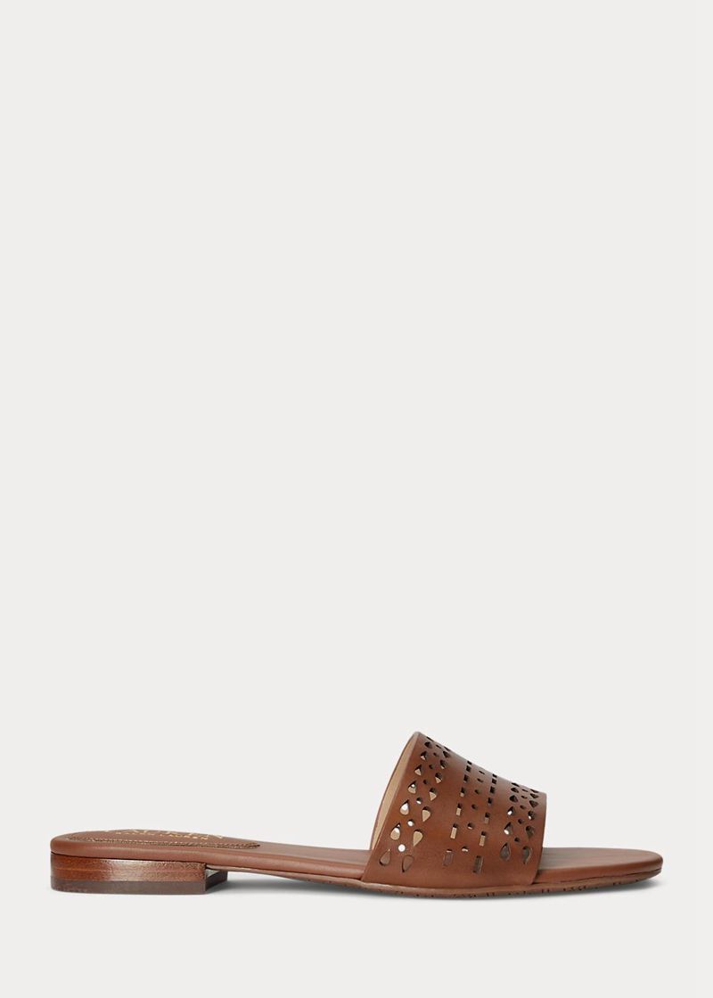 Sandały Lauren Damska Brązowe Andee Perforated Skórzane Slide 405362-LGN